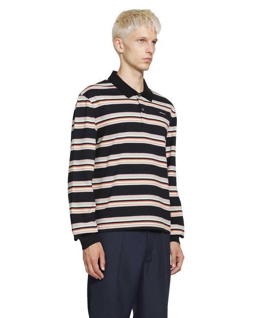 Marni Black Striped Cotton Polo Shirt for men