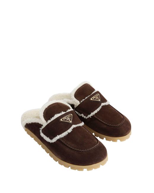 Prada Brown Suede And Shearling Mules