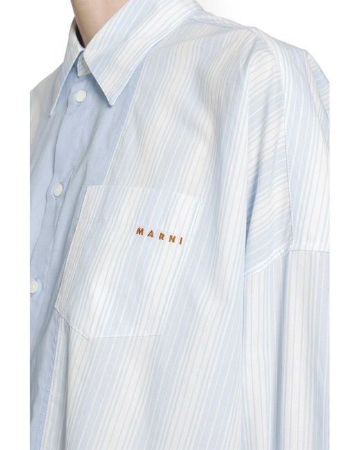 Marni Blue Cotton Poplin Pinstriped Patchwork Shirt