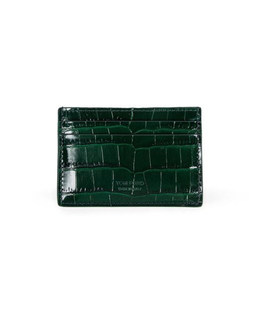 Tom Ford Green Shiny Stamped Croc Print Card Holder for men