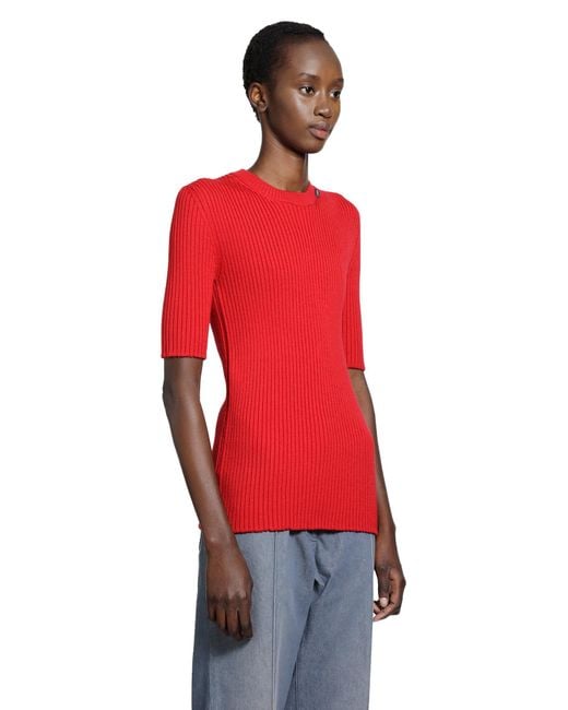 Prada Red Rib-Knit Crewneck Top