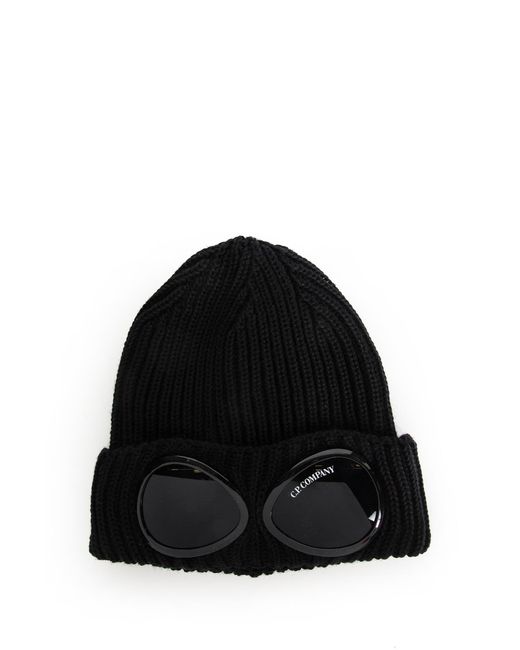 C P Company Black Wool Ribbed Beanie for men