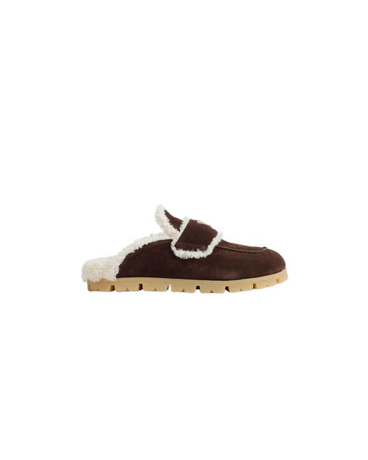 Prada Brown Suede And Shearling Mules