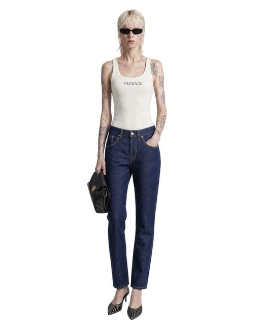 Versace White Embroidered Ribbed Wool Top
