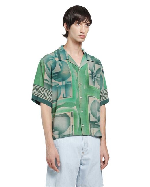 Versace Green Printed Crêpe De Chine Silk Shirt for men