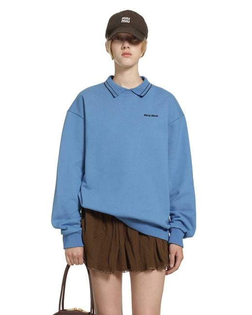 Miu Miu Blue Cotton Fleece Polo Sweatshirt