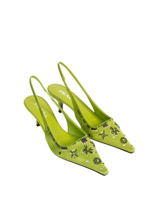 Prada Yellow Embroidered Satin Slingback Pumps