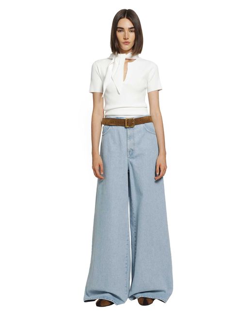Max Mara White Tie-Detailed Ribbed-Knit T-Shirt