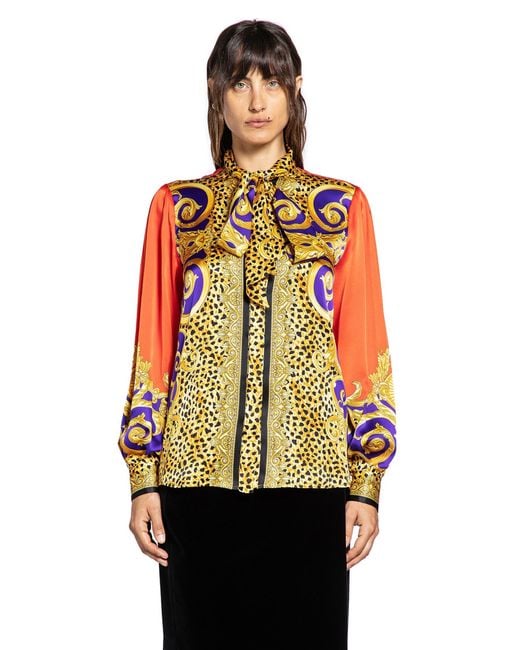 Versace Black Cheetah Barocco Silk Lavallière Shirt