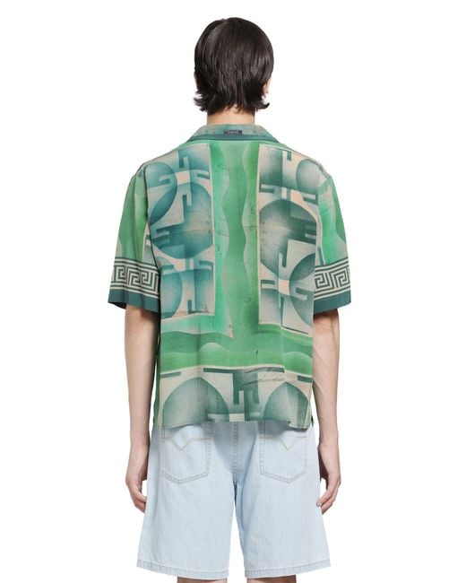 Versace Green Printed Crêpe De Chine Silk Shirt for men