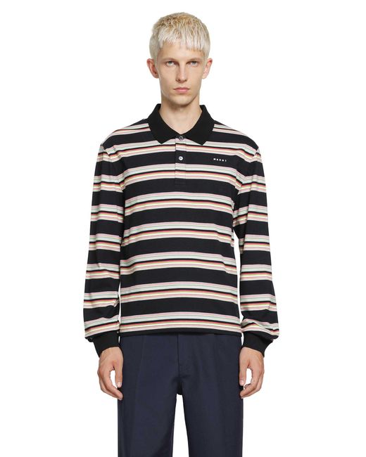 Marni Black Striped Cotton Polo Shirt for men