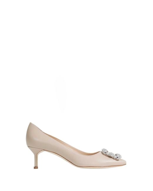 Manolo Blahnik White Hangisi 50 Satin Jewel Buckle Pumps