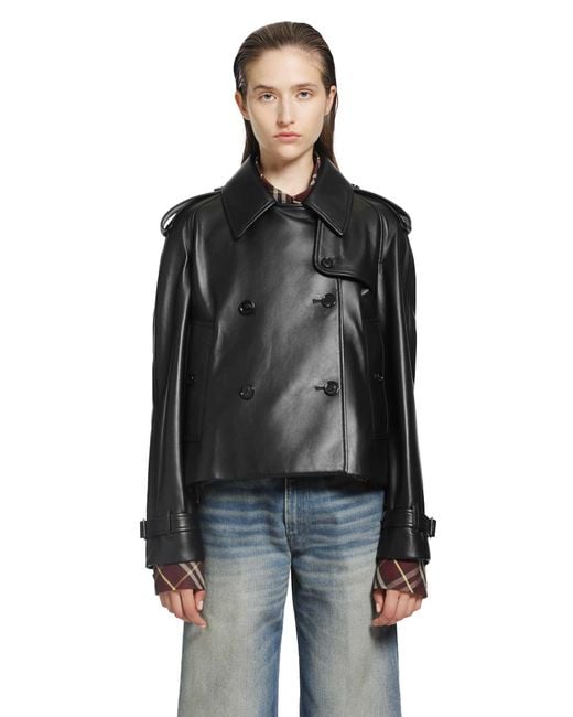 Burberry Black Cropped Leather Mayfair Trench Jacket