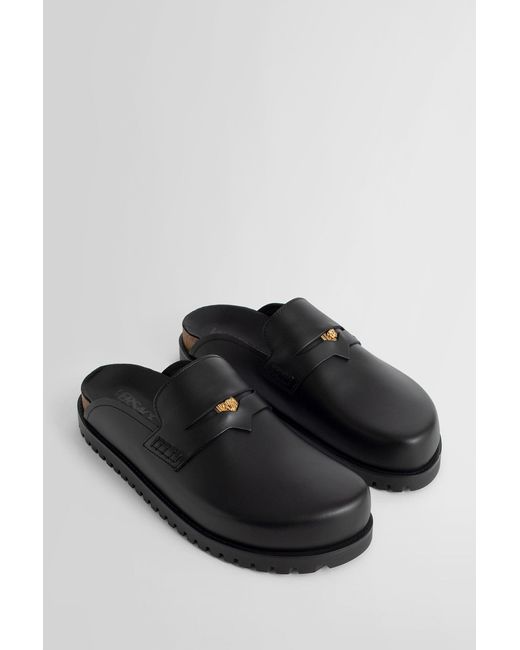 Versace Black Leather Logo Embellished Sandals for men