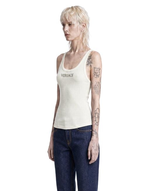 Versace White Embroidered Ribbed Wool Top