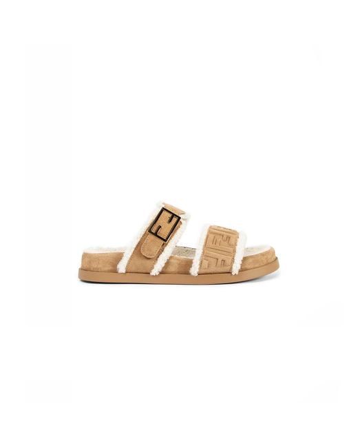 Fendi Metallic Ff Suede And Shearling Sandals