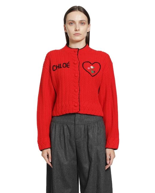 Chloé Red Heart Logo Wool-Cashmere Cardigan