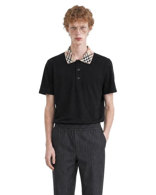 Burberry Black Check Collar Cotton Polo Shirt for men