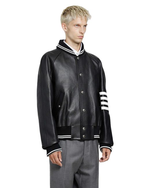 Thom Browne Black 4-Bar Leather Bomber for men