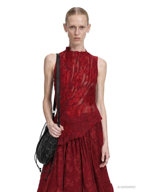 Marc Le Bihan Red Pleated Lace Long Sleeve Top