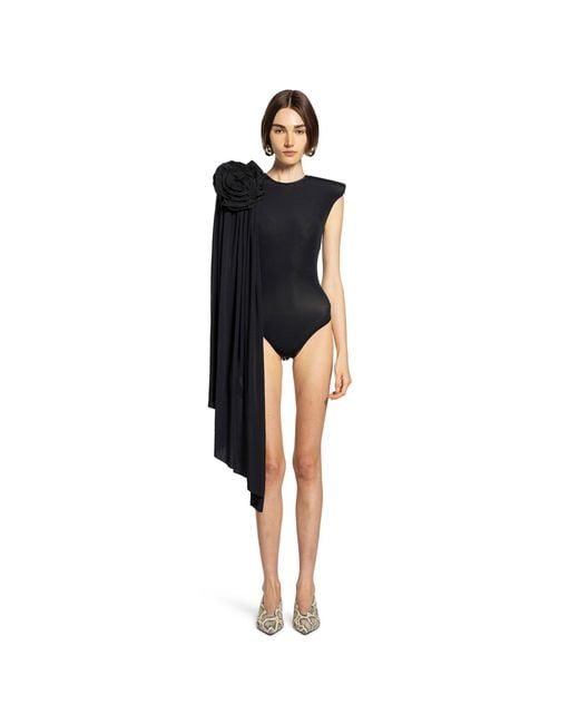 VAQUERA Black Draped Bodysuit Rose Appliqué