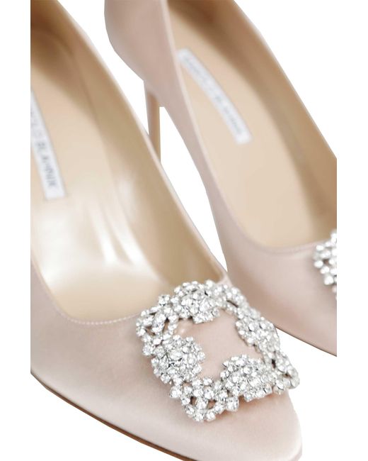 Manolo Blahnik White Hangisi 90 Satin Jewel Buckle Pumps