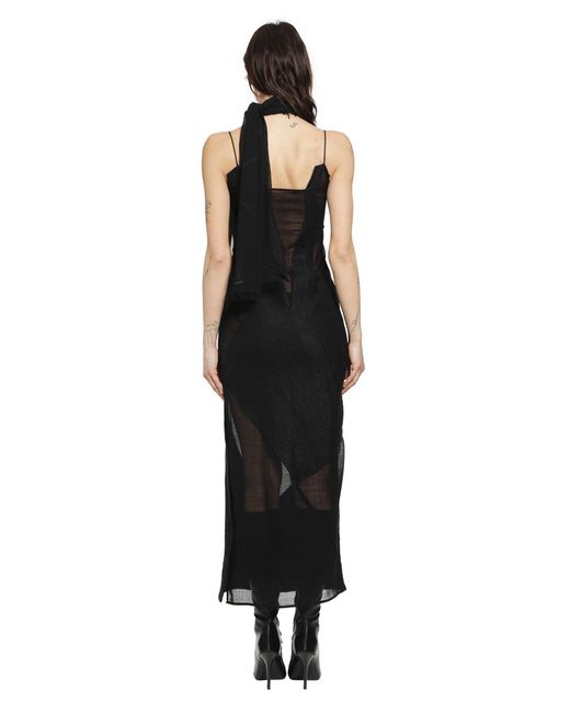Yehuafan Black Sheer Wool Linen Patchwork Dress