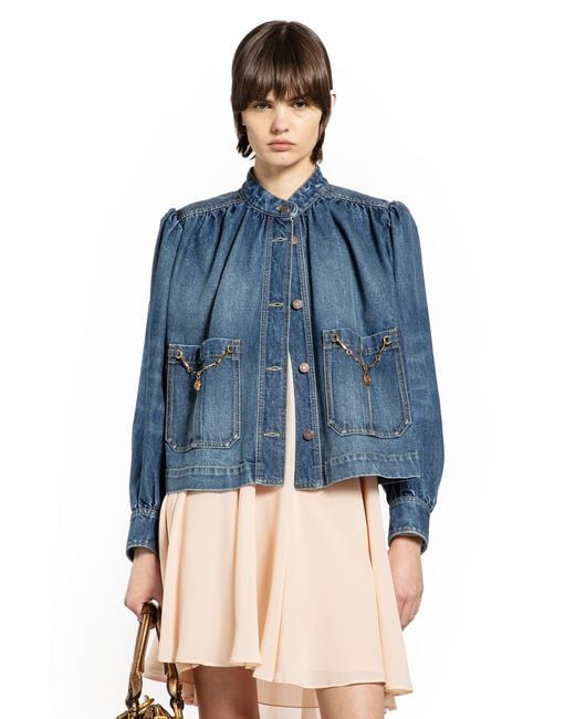 Chloé Blue High Neck Gathered Denim Jacket
