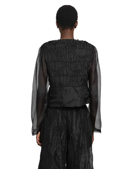 Renli Su Black Shirred Silk Twill And Organza Shirt