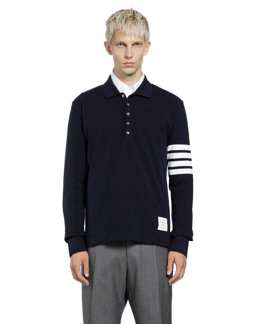 Thom Browne Blue Cotton Piqué 4-Bar Long Sleeve Polo for men