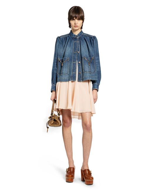 Chloé Blue High Neck Gathered Denim Jacket