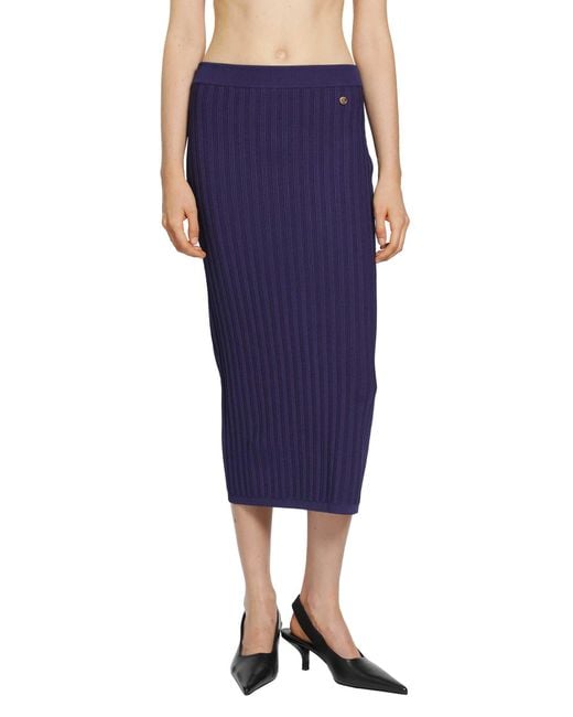 Versace Blue Stretch Viscose Mesh Knit Midi Skirt