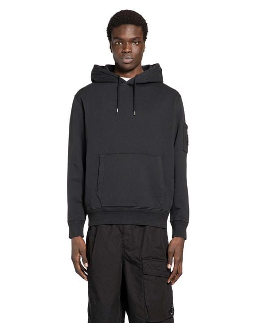 C P Company Black Cotton Diagonal Fleece Lens Hoodie for men
