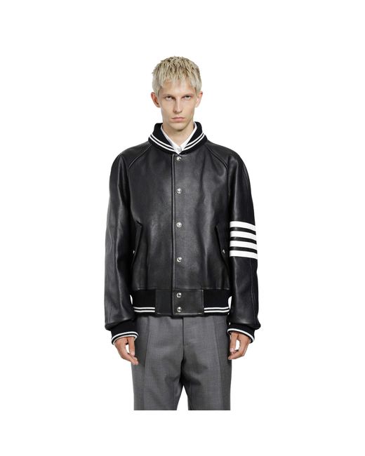 Thom Browne Black 4-Bar Leather Bomber for men