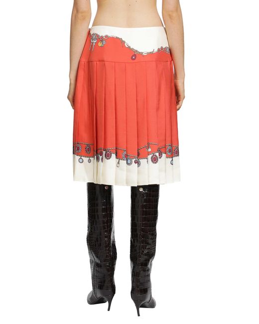 Versace Red Printed Twill Silk Midi Skirt