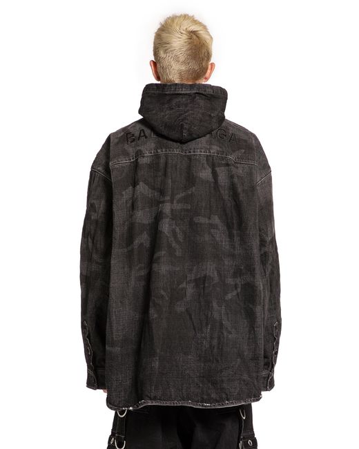 Balenciaga Black Washed Camo Denim Hooded Shirt for men