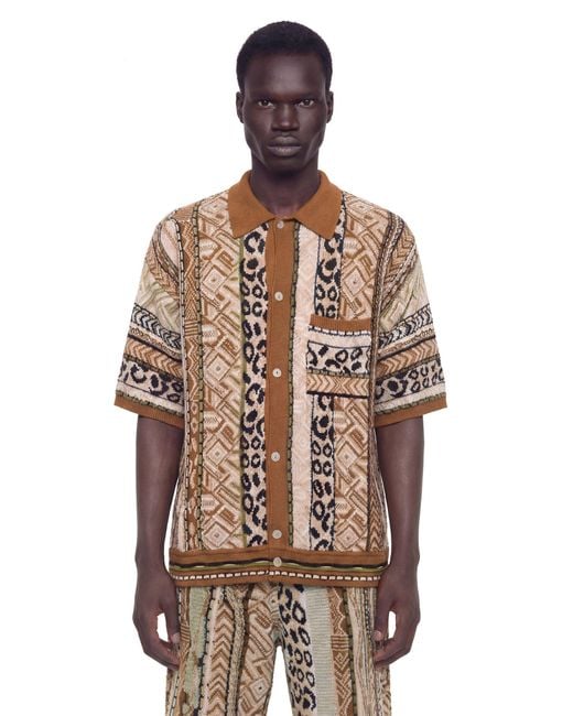 Laneus Brown Graphic Knit Short Sleeve Shirt for men