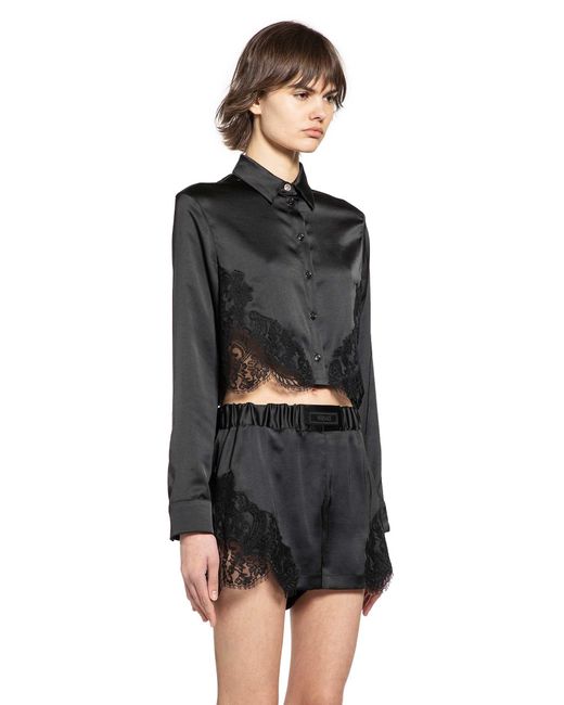 Versace Black Lace-Trim Satin Crop Shirt