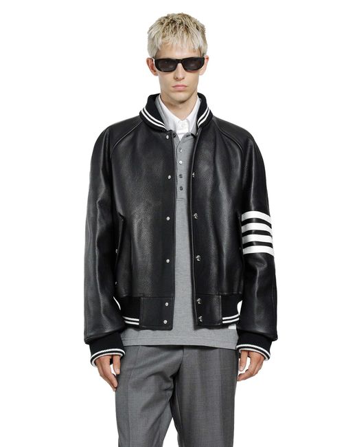 Thom Browne Black 4-Bar Leather Bomber for men