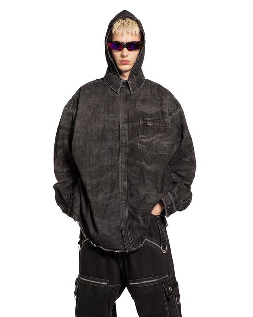 Balenciaga Black Washed Camo Denim Hooded Shirt for men