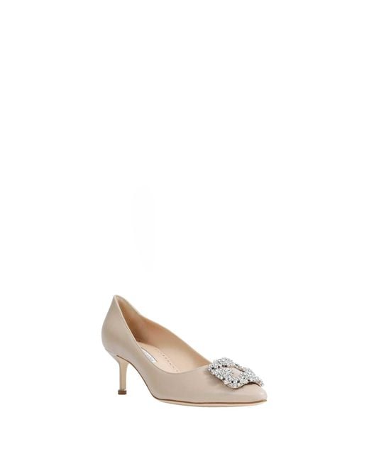 Manolo Blahnik White Hangisi 50 Satin Jewel Buckle Pumps