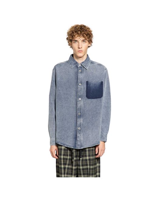 Loewe Blue Cotton Linen Long Sleeve Shirt for men