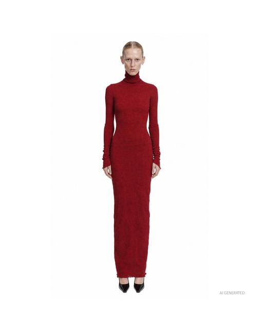 Marc Le Bihan Red Turtleneck Nylon Silk Long Dress