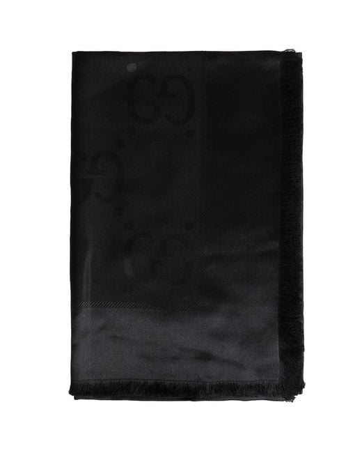 Gucci Black Gg Jacquard Silk Wool Shawl