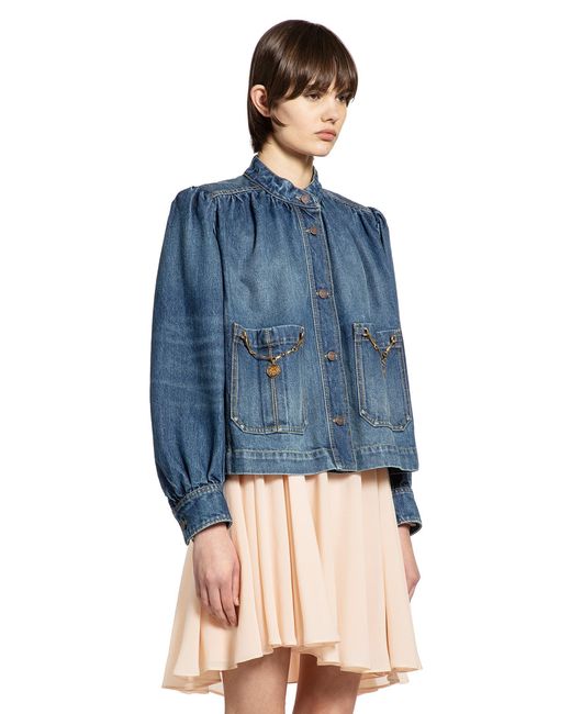 Chloé Blue High Neck Gathered Denim Jacket