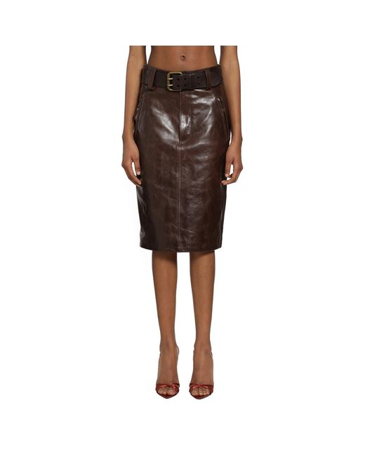 Saint Laurent Brown Belted Pencil Skirt