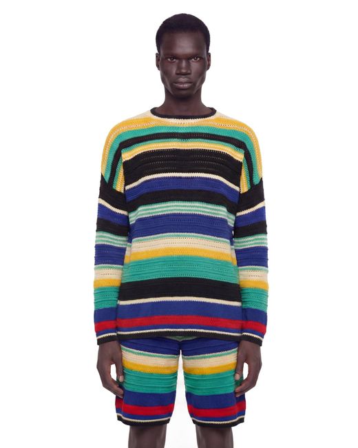Laneus Multicolor Striped Crochet Knit Sweater for men