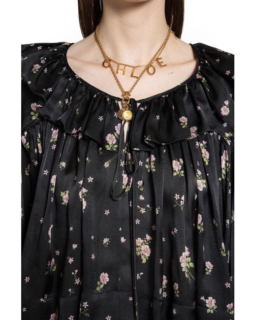Chloé Black Liberty Print Maxi Gathered Ruffle Top