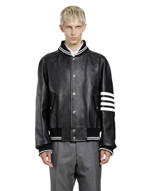 Thom Browne Black 4-Bar Leather Bomber for men