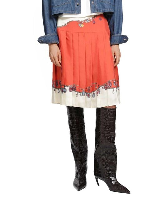 Versace Red Printed Twill Silk Midi Skirt